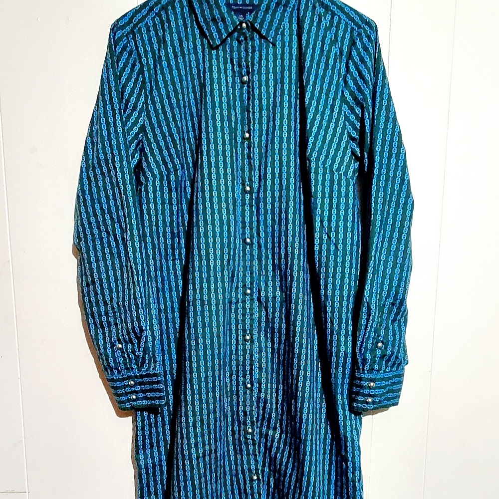 TOMMY HILFIGER SHIRT DRESS. WOMENS Sz:L GOLD BUTTONS GREEN/TEAL/BLUE CHAINLINK
